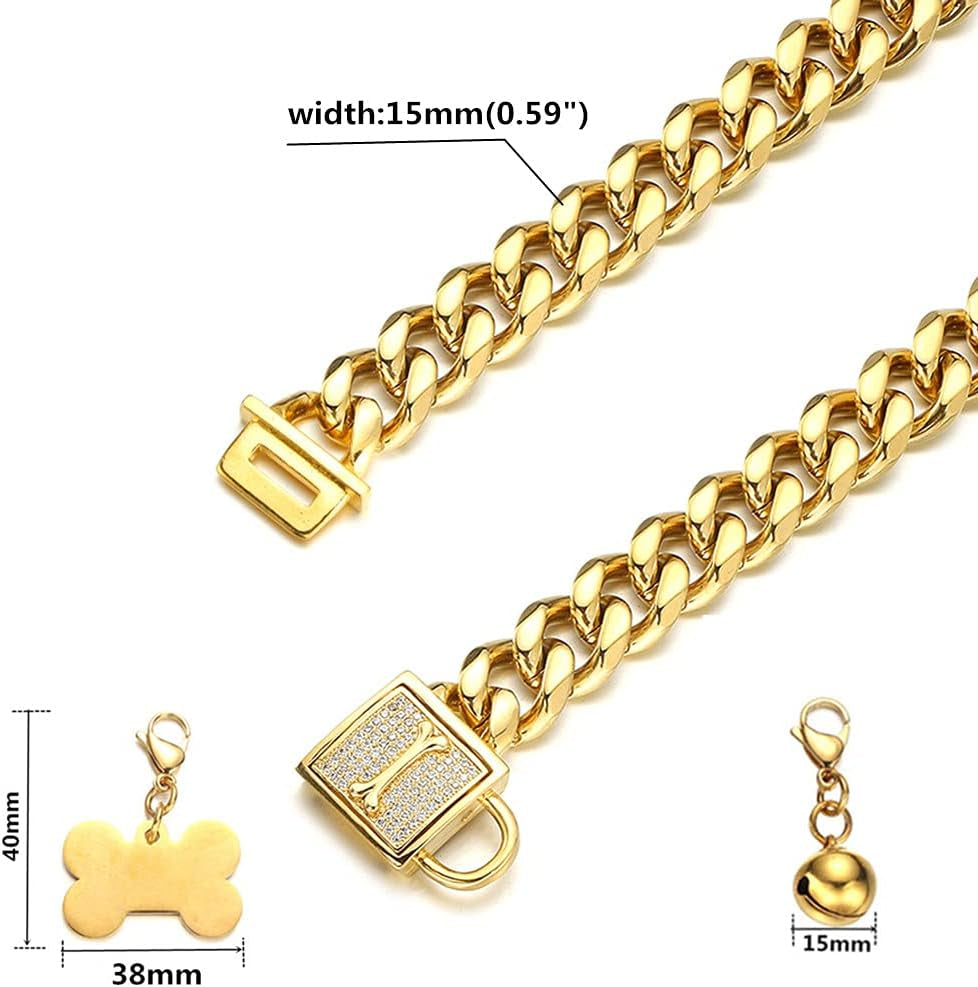 Gold Chain Dog Collar with CZ Lock ID Tag and Bell - Chew-Proof Stainless Steel Cuban Link Training Chain for Small, Medium, and Large Dogs (11MM/15MM/19MM, 10 Inch)