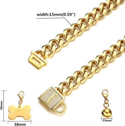 Gold Chain Dog Collar with CZ Lock ID Tag and Bell - Chew-Proof Stainless Steel Cuban Link Training Chain for Small, Medium, and Large Dogs (11MM/15MM/19MM, 10 Inch)