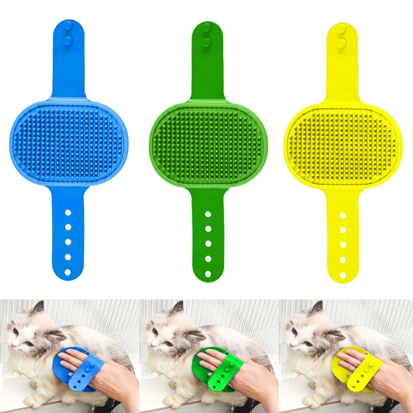 3-Pack Adjustable Pet Bath Brushes for Dogs and Cats - Soft Grooming and Washing Tools in Blue, Green, and Yellow