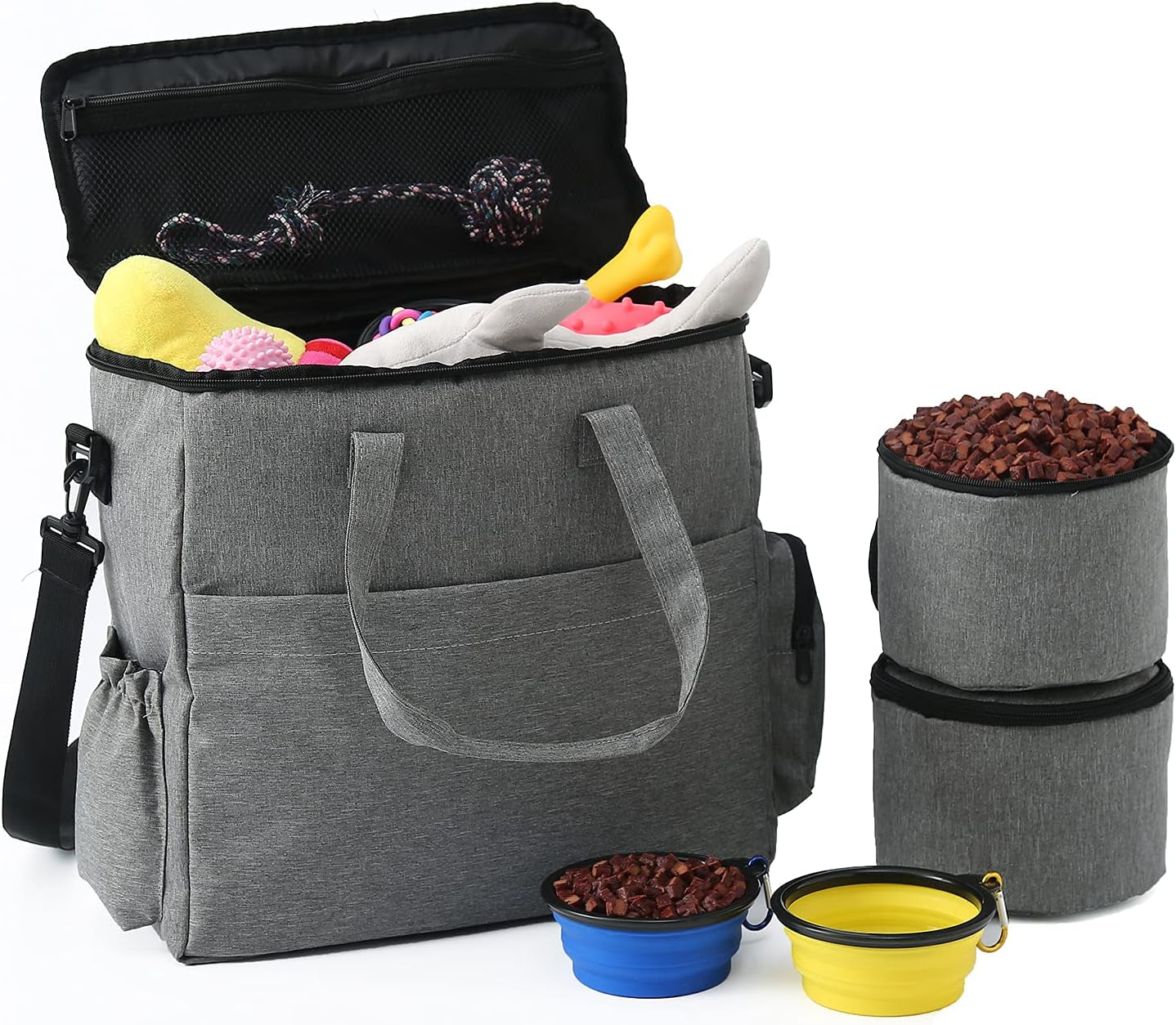 Airline-Approved Dog Travel Set: Includes Travel Bag, Two Food Storage Containers, and Two Collapsible Bowls (Grey)