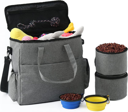 Airline-Approved Dog Travel Set: Includes Travel Bag, Two Food Storage Containers, and Two Collapsible Bowls (Grey)