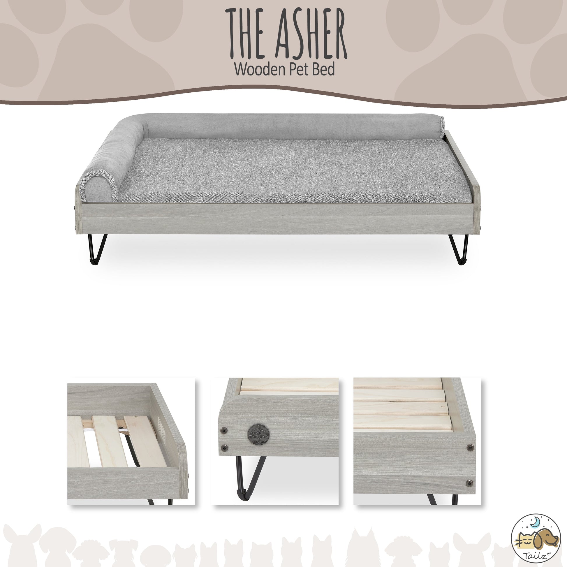 Asher Elevated Wooden Pet Bed with Mattress | Large to Extra Large | Greenguard Gold Certified