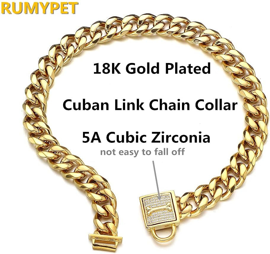 Gold Chain Dog Collar with CZ Lock ID Tag and Bell - Chew-Proof Stainless Steel Cuban Link Training Chain for Small, Medium, and Large Dogs (11MM/15MM/19MM, 10 Inch)