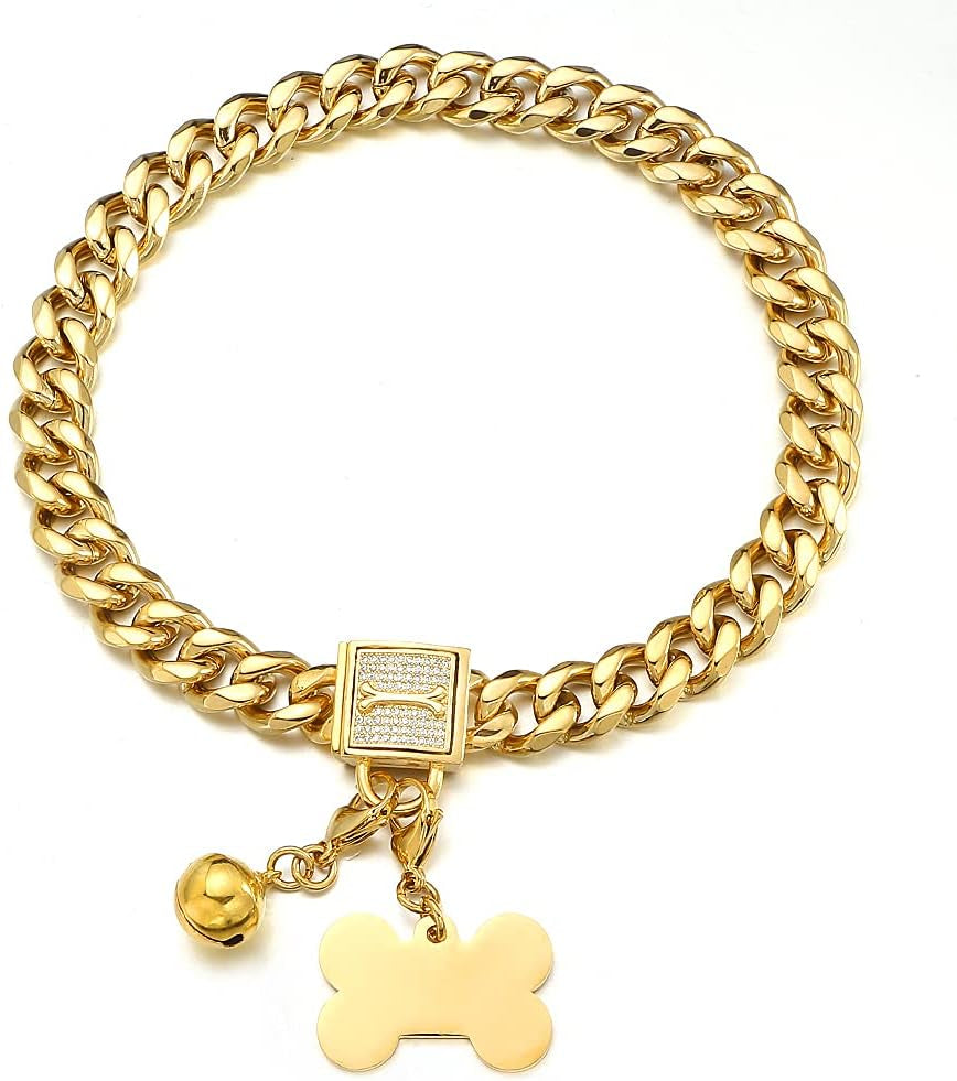 Gold Chain Dog Collar with CZ Lock ID Tag and Bell - Chew-Proof Stainless Steel Cuban Link Training Chain for Small, Medium, and Large Dogs (11MM/15MM/19MM, 10 Inch)