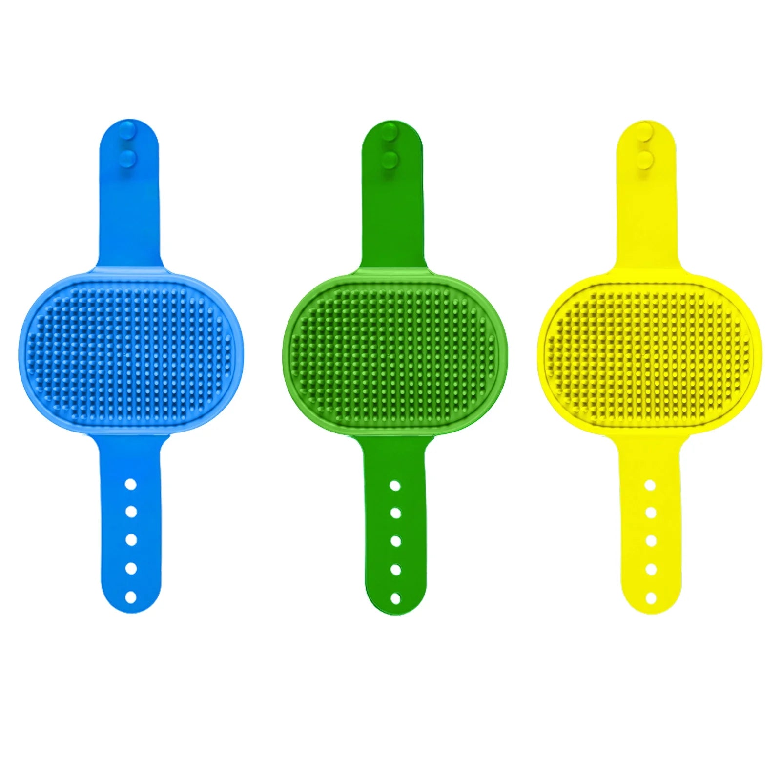 3-Pack Adjustable Pet Bath Brushes for Dogs and Cats - Soft Grooming and Washing Tools in Blue, Green, and Yellow