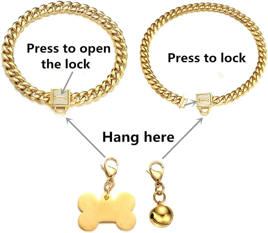 Gold Chain Dog Collar with CZ Lock ID Tag and Bell - Chew-Proof Stainless Steel Cuban Link Training Chain for Small, Medium, and Large Dogs (11MM/15MM/19MM, 10 Inch)