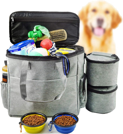 Airline-Approved Dog Travel Set: Includes Travel Bag, Two Food Storage Containers, and Two Collapsible Bowls (Grey)