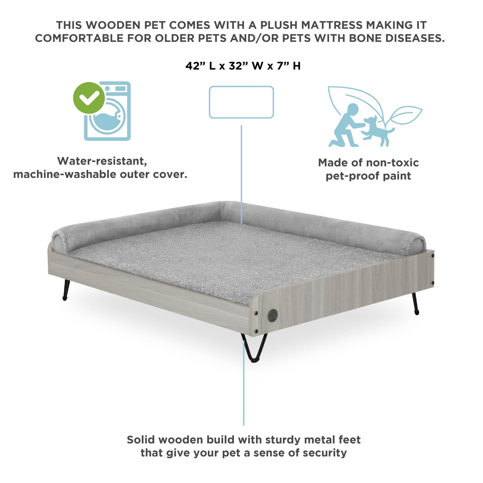 Asher Elevated Wooden Pet Bed with Mattress | Large to Extra Large | Greenguard Gold Certified