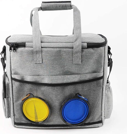 Airline-Approved Dog Travel Set: Includes Travel Bag, Two Food Storage Containers, and Two Collapsible Bowls (Grey)