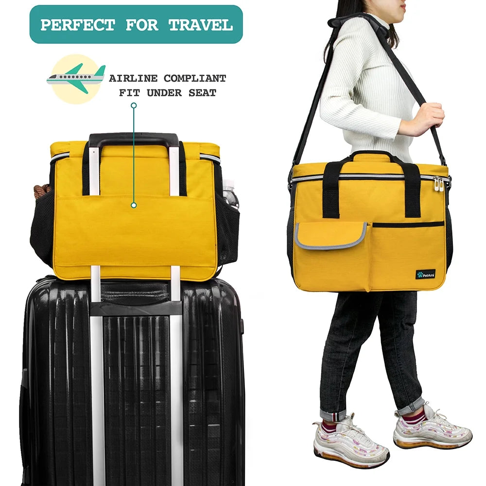 Medium Dog Travel Bag with Food Storage Containers and Bowls, Yellow, 22L Capacity