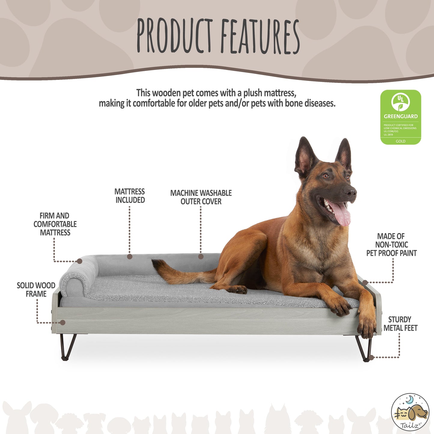Asher Elevated Wooden Pet Bed with Mattress | Large to Extra Large | Greenguard Gold Certified