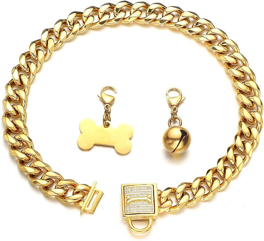 Gold Chain Dog Collar with CZ Lock ID Tag and Bell - Chew-Proof Stainless Steel Cuban Link Training Chain for Small, Medium, and Large Dogs (11MM/15MM/19MM, 10 Inch)