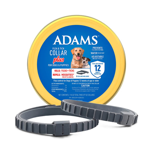 Flea and Tick Collar Plus for Dogs and Puppies - 12 Months of Protection Against Flea Infestations, Kills Fleas and Ticks, Repels Mosquitoes for Up to 6 Months (Excludes California), One Size Fits All, 2 Count