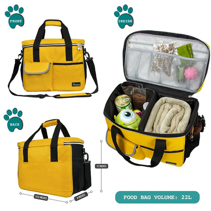 Medium Dog Travel Bag with Food Storage Containers and Bowls, Yellow, 22L Capacity