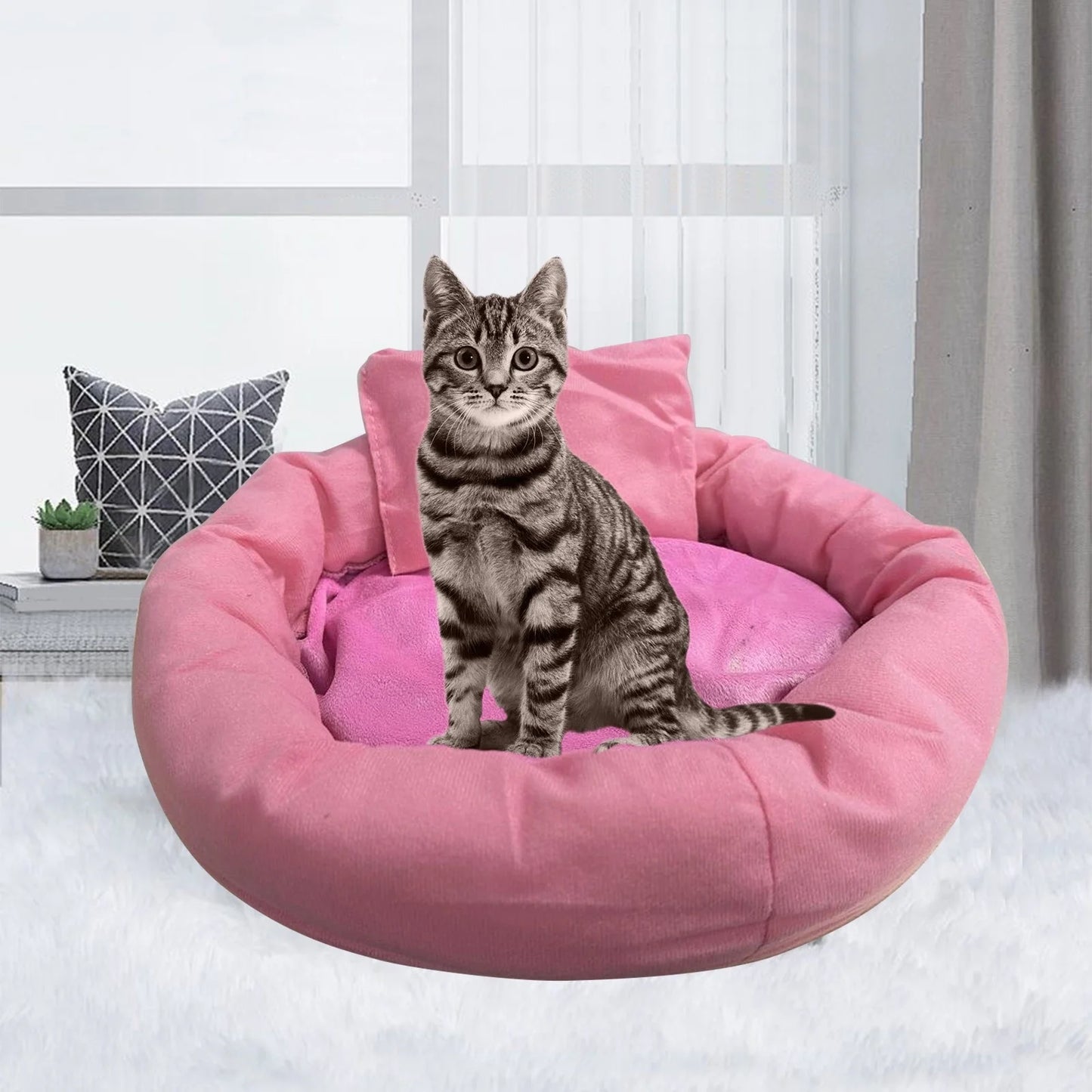 Premium Calming Dog Bed with Pillow for Small to Medium Dogs and Cats, Round Cozy Cuddler Bed, Washable Plush Pet Mat for Puppy Comfort and Sleep