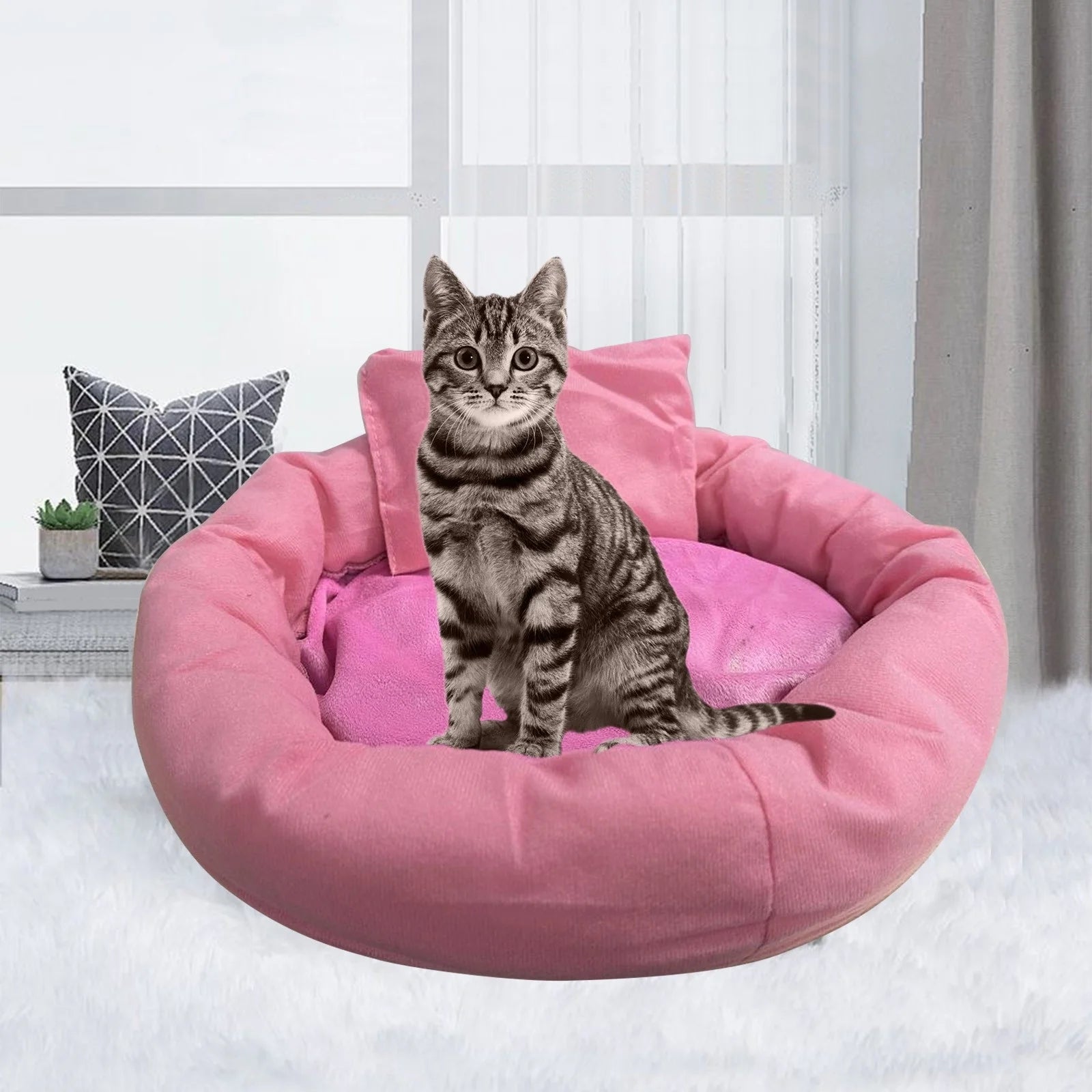 Premium Calming Dog Bed with Pillow for Small to Medium Dogs and Cats, Round Cozy Cuddler Bed, Washable Plush Pet Mat for Puppy Comfort and Sleep