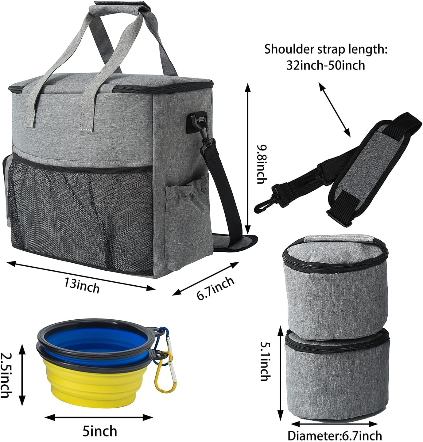 Airline-Approved Dog Travel Set: Includes Travel Bag, Two Food Storage Containers, and Two Collapsible Bowls (Grey)