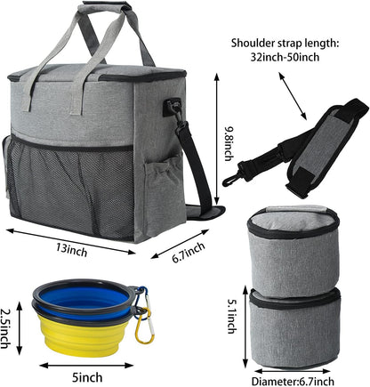 Airline-Approved Dog Travel Set: Includes Travel Bag, Two Food Storage Containers, and Two Collapsible Bowls (Grey)
